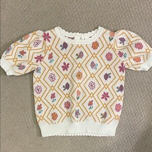 Janie and Jack White Knit Floral Diamond Puff-Sleeve Top